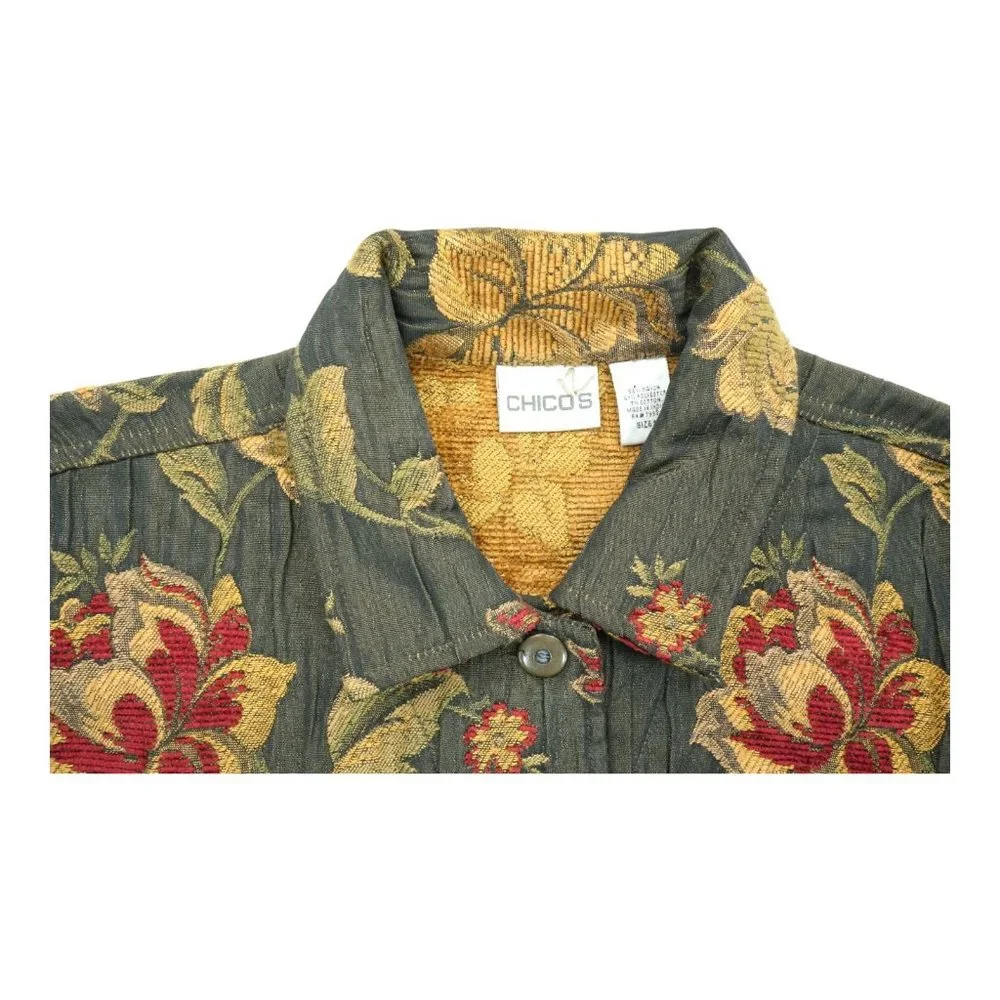 Vintage Chicos 1‎ Women's Jacket Button Floral Green Long Sleeve Embroidered